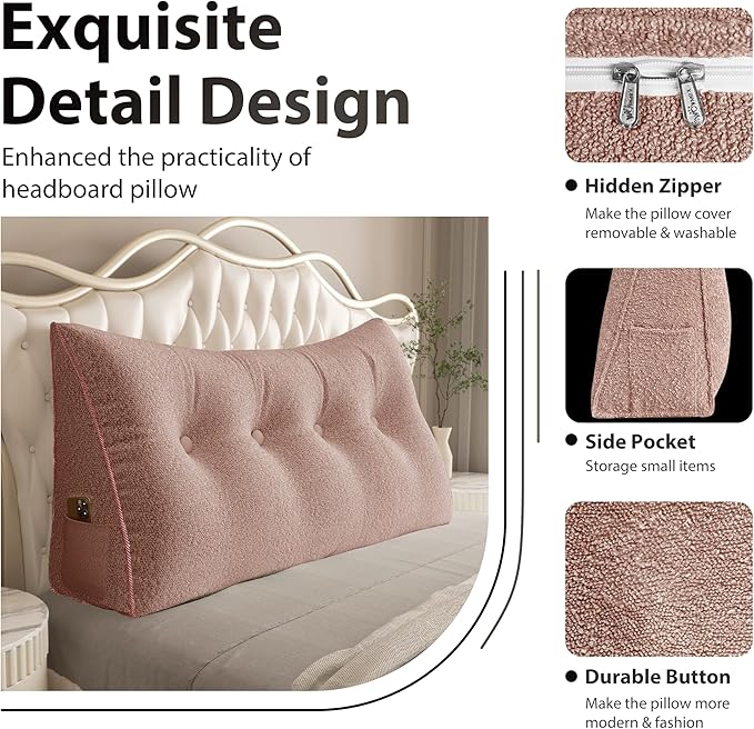 10 lbs Thickened Wedge Pillow Headboard Body Positioner Bed Wedge Pillow Backrest Support Triangular Headboard Pillow for Sleeping with Side Pocket Velvet Positioning Support Pink Full