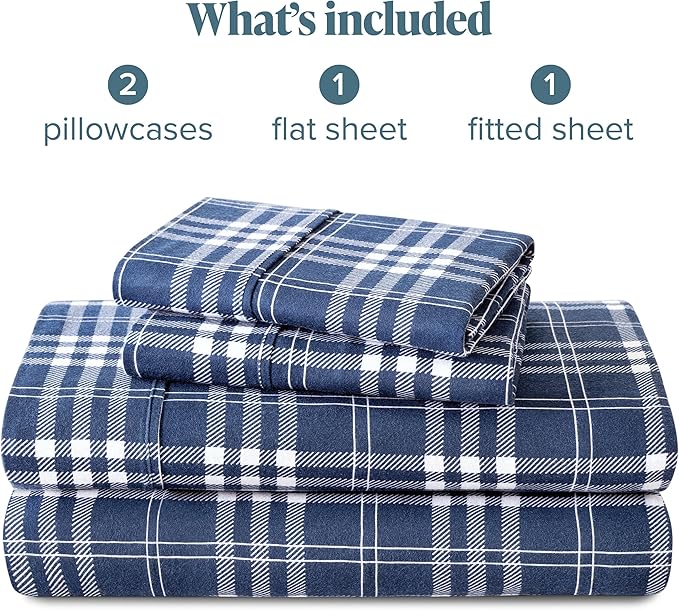 Bare Home Flannel Sheet Set Prints, 100% Cotton, Velvety Soft Heavyweight - Double Brushed Flannel for Extra Softness & Comfort - Deep Pocket - Bed Sheets (King, Stirling Plaid - Blue/White)