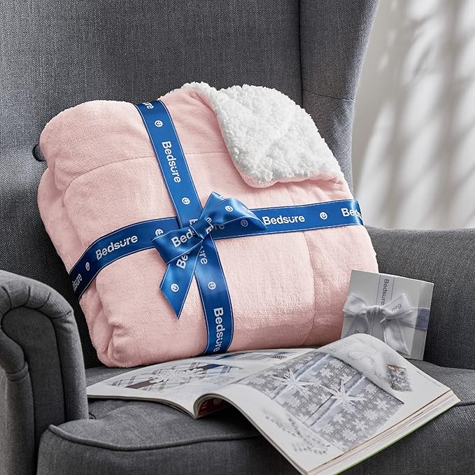 Bedsure GentleSoft Sherpa Fleece Blankets Queen Size for Bed - Thick and Warm Throw Gifts for Women and Girls, Soft Fuzzy Plush Queen Christmas Blanket for Winter, Room Home Decor, Pink, 90x90 Inches