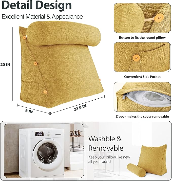 Daneey Reading Pillow for Bed Adult, Back Pillow for Bed Sitting Up, Back Support Pillow, Yellow, 23.5 * 8 * 20IN
