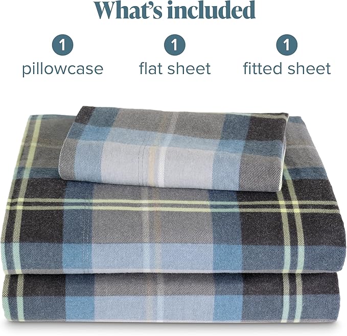 Bare Home Cotton Flannel Sheet Set Prints, 100% Cotton, Velvety Soft Heavyweight - Double Brushed for Softness & Comfort - Deep Pocket - Bed Sheets (Twin, Symphony Plaid - Blue)