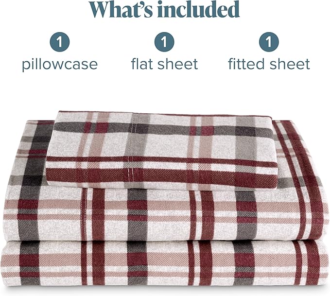 Bare Home Cotton Flannel Sheet Set Prints, 100% Cotton, Velvety Soft Heavyweight - Double Brushed for Softness & Comfort - Deep Pocket - Bed Sheets (Twin, Nordic Plaid - Black)