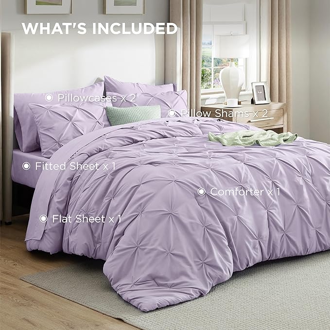 Bedsure California King Comforter Set Light Purple - Bed in a Bag Cal King Bedding Set 7 Pieces, GentleSoft™ Pintuck Bed Set Gift for Family, Pinch Pleat Comforter with Sheets, Pillowcases & Shams
