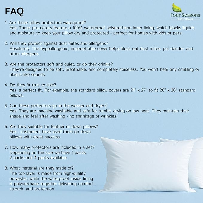 Queen Size Waterproof Pillow Protectors (Set of 2) – Zippered Hypoallergenic Pillowcase Cover Allergen Dust Proof Encasement
