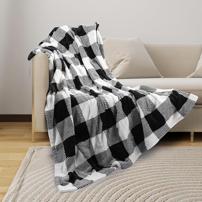 Electric Heated Blanket Throw Size - 50"x60", Soft Flannel Heating Blanket, 4 Heating Levels, 3 H Auto Shut Off, Breathable Warm and Washable for Sofa, Black - White Plaid