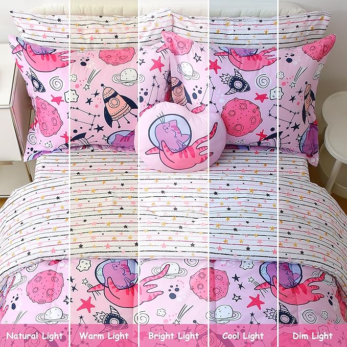 Mooreeke Kids Full Comforter Sets for Girls 8 Pieces Cute Space Cat Bedding Set for Teens Microfiber Pink Kids Bed in A Bag with Comforter, Sheet Set, Shams and Decorative Toy Pillow All Season