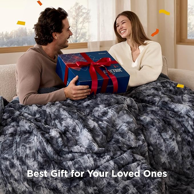 Bedsure Faux Fur Heated Blanket Twin Size, Fast Heating Electric Blanket Twin Size with 6 Heating Levels & 10 Time Settings, Cozy Gifts for Women Men (62x84 inches, Denim Blue)