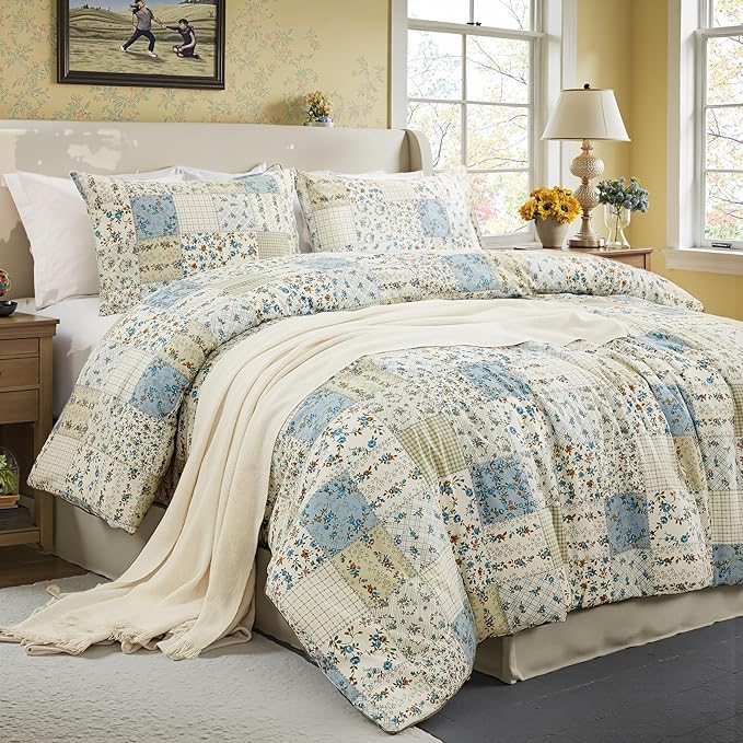 Blue Floral Duvet Cover Set Twin Size 100% Cotton Botanical Patchwork Vintage Bedding Quilt Cover All Season 2 Pieces Soft Lightweight Comforter Cover