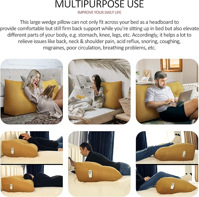 Wedge Pillow Headboard Reading Pillow for Sitting Up in Bed Adult Backrest Large Triangle Bolster Pillow for Couch Daybed Cushion Lumbar Body Support Leg Positioning(Yellow, Full)