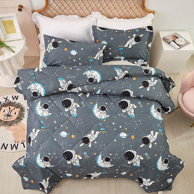 JSD Grey Astronaut Kids Comforter Set Queen Size, 3 Piece Space Theme Microfiber Comforter with Pillow Sham, Machine Washable