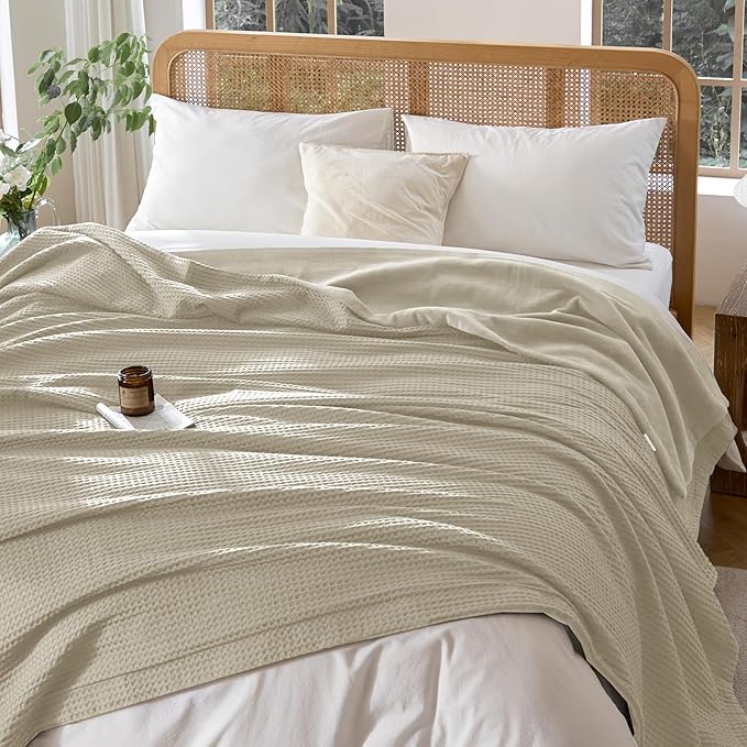 CHUFFED Cotton Waffle Blanket King Size - Plush Milk Velvet & Reversible Waffle Weave,Anti-Static 500Gsm Design,Thick Cozy Soft Winter Blanket for Bed, Couch, Sofa - Oatmeal, 104x90 Inches