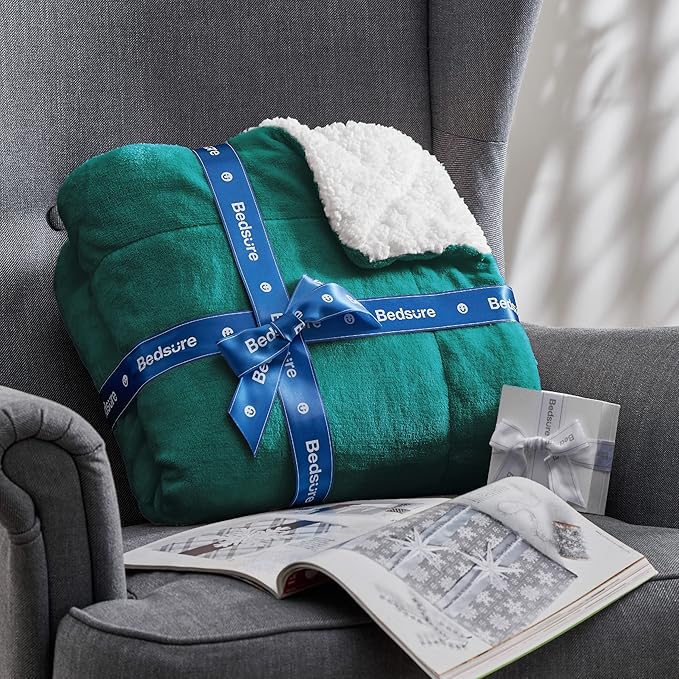 Bedsure GentleSoft Sherpa Fleece Blankets Queen Size for Bed - Thick and Warm Throw for Women and Men, Soft Fuzzy Plush Queen Christmas Blanket for Winter, Forest Green, 90x90 Inches
