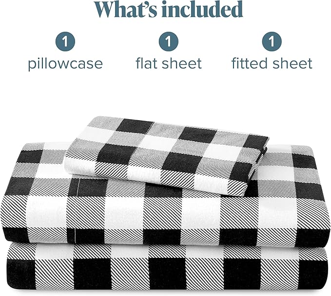Bare Home Flannel Sheet Set Prints, 100% Cotton, Velvety Soft Heavyweight - Double Brushed Flannel for Extra Softness & Comfort - Deep Pocket - Bed Sheets (Twin, Buffalo Plaid - White/Black)