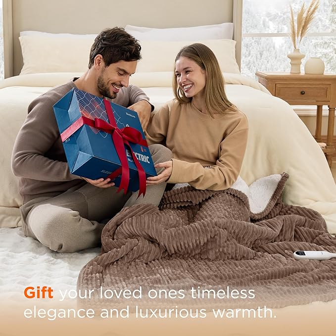 Bedsure GentleSoft Heated Blanket Throw - Soft Ribbed Flannel Electric Blanket, Heating with 4 Time Settings, 6 Heat Settings, and 3 hrs Timer Auto Shut Off, Gifts for Grandma (50x60 inches, Brown)