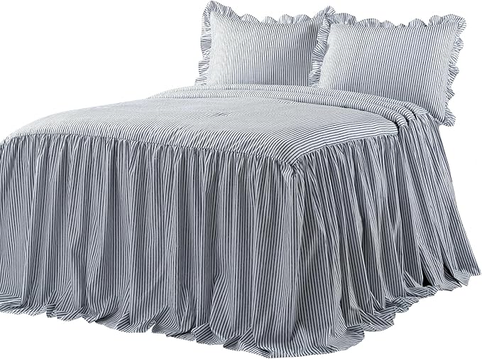 Lush Decor Ticking Stripe Bedspread King Size 3 Piece Set Navy - Ruffle Bedding Set King Bedspreads - Striped Bedding - Farmhouse & Coquette Decor