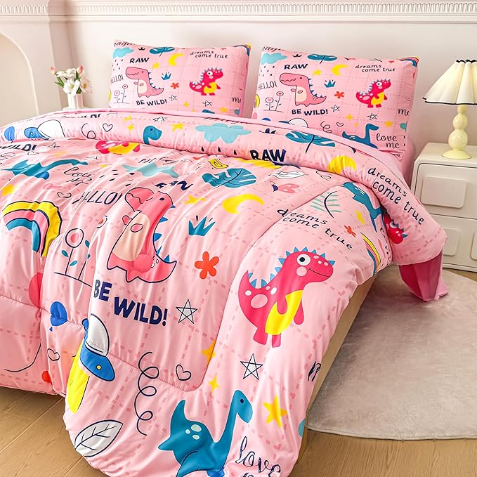 MWMWMW Kids Dinosaur Comforter Set Full, 5 Pcs Girls Bed in a Bag, Pink Dinosaur Bedding Full Size, Kids Comforter Sets for Girls with 1 Comforter, 1 Flat Sheet, 1 Fitted Sheet and 2 Pillowcases