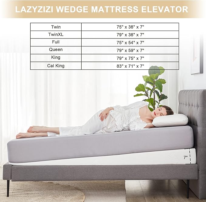 Wedge Mattress Elevator 7-Inch Inclined Mattress Topper for Acid Reflux, GERD, Neck & Back Pain, Snoring, Under Bed Wedge Mattress with Washable Cover & Non-Slip Bottom for Bedroom, Queen