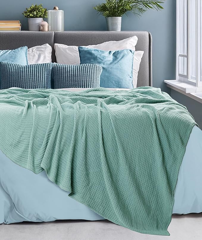 HILLFAIR 100% Combed Cotton Blanket– California King Size Bed Blankets– Warm Soft All Season Breathable Blankets– Extra Large Oversized California King Blanket- Sage Cotton Bed Blankets