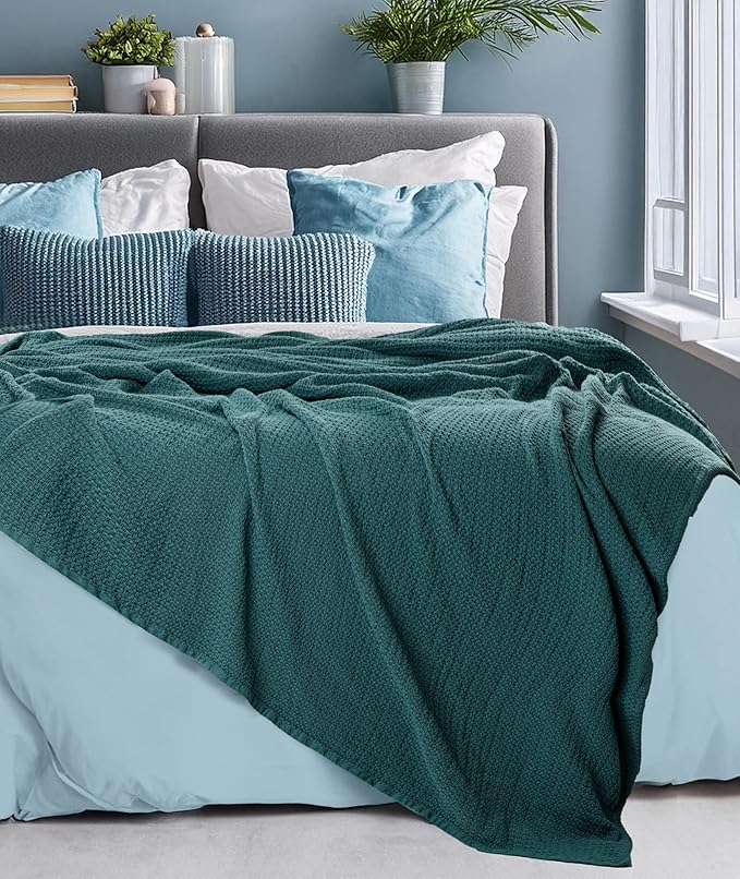 HILLFAIR 100% Cotton Blanket California King Size for Bed, Soft Lightweight & Breathable Summer Cal King Size Cotton Blankets, Premium Cozy Throw Layers for Bed, Couch and Sofa: Wedgewood (102"x108")