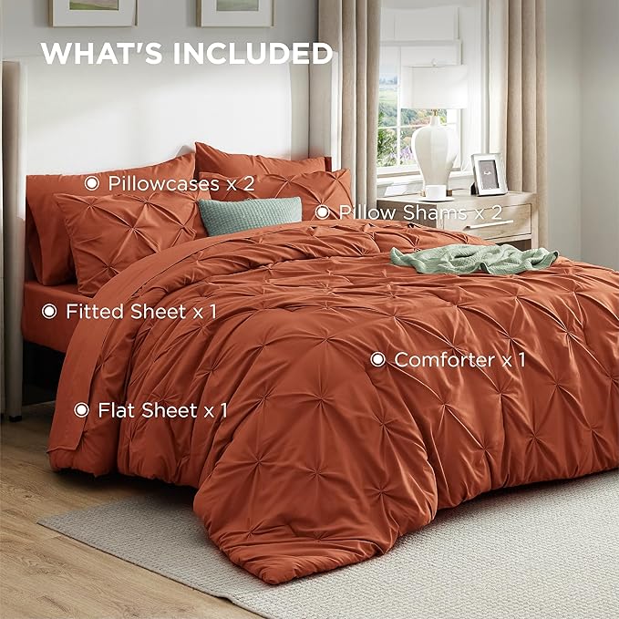 Bedsure King Size Comforter Set Burnt Orange - Bed in a Bag Bedding Set 7 Pieces, GentleSoft™ Pintuck Bed Set Gift for Family, Pinch Pleat Burnt Orange Comforter with Sheets, Pillowcases & Shams
