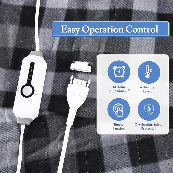 Electric Heated Blanket 72"x84" Full Size - 4 Heat Levels, 10H Auto Shut Off, Ultra-Soft Fleece Heated Blanket with Overheat Protection, Machine Washable - Grey Checkered Pattern