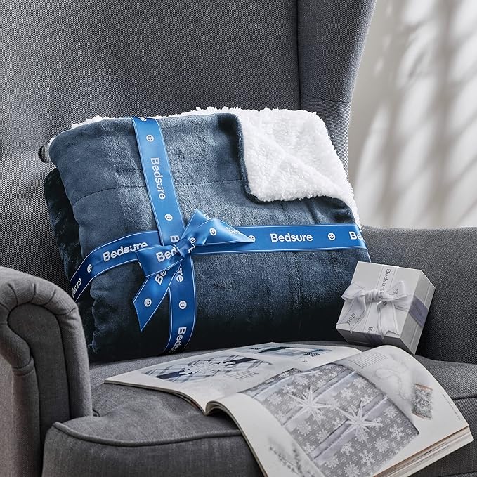 Bedsure GentleSoft Sherpa Fleece Throw Blanket Twin Size for Couch - Thick and Warm Throw for Women and Men, Soft Fuzzy Plush Twin Blanket for Winter, Slate Blue, 60x80 Inches
