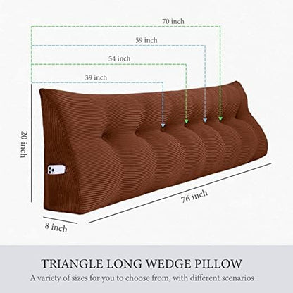 Wedge Headboard Pillow Dorm Room Reading Pillow Back Support for Sitting Up in Bed Bolster Lumbar Cushion Body Positioning Bedrest Corduroy (Coffee, Queen (59 * 8 * 20in))