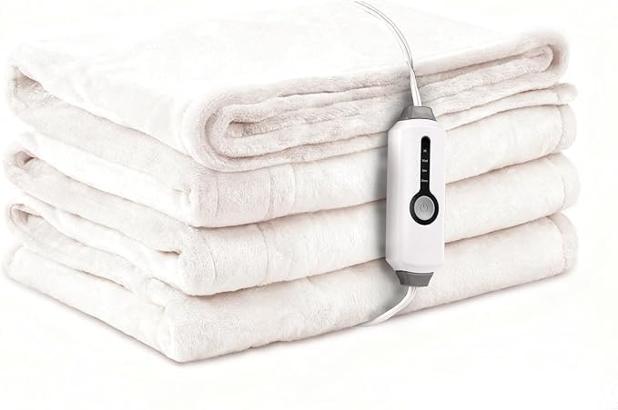 Electric Heated Blanket Throw Size 50×60, Breathable & Luxurious Flannel,Soft Warm Gift with Over-Heat Protection,4 Heating Levels & 3 H Auto Shut Off, Machine Washable, White