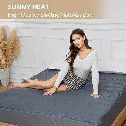 SUNNY HEAT Electric Mattress Pad Queen Size 60''×80'', 4 Heating Levels & 10 Hour Auto Shut Off, Elastic Deep Pocket, Warm and Soft Comfort Fabric, Machine Washable, Grey