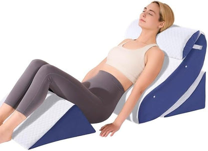 4 PCS Wedge Pillow Set for After Surgery, Memory Foam Orthopedic Bed Wedge Pillow Set, Adjustable Bed for Sleeping, Acid Reflux Relief, Post Surgery Recovery, Back Support, Leg Elevation, Blue