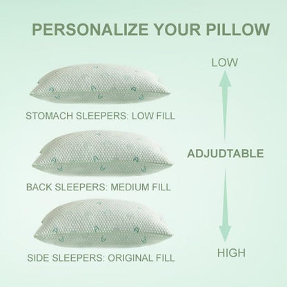 ACCURATEX Cooling Memory Foam Pillows for Sleeping Queen Size Set of 2, Adjustable Fluffy Pillows with Removable Cover, Cool Bed Pillow for Side Back Stomach Sleepers, Machine Washable, Green