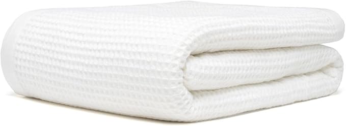 GOTS Certified Organic Cotton Waffle Weave Blanket, Queen Bed Size, 90"X90"Cozy Throw Blanket for Couch, Modern Home Decor, Throw Blankets, Comfy Waffle Blanket & Soft Bed Blankets -White