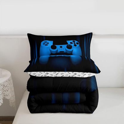 Feelyou Boys Gamer Comforter Set Toddler Size Bedding Set for Kids Gaming Comforter Blue Black Video Games Gamepad Room Decor for Teens Child Super Soft Geometric Duvet Quilted Son Grandson Gift