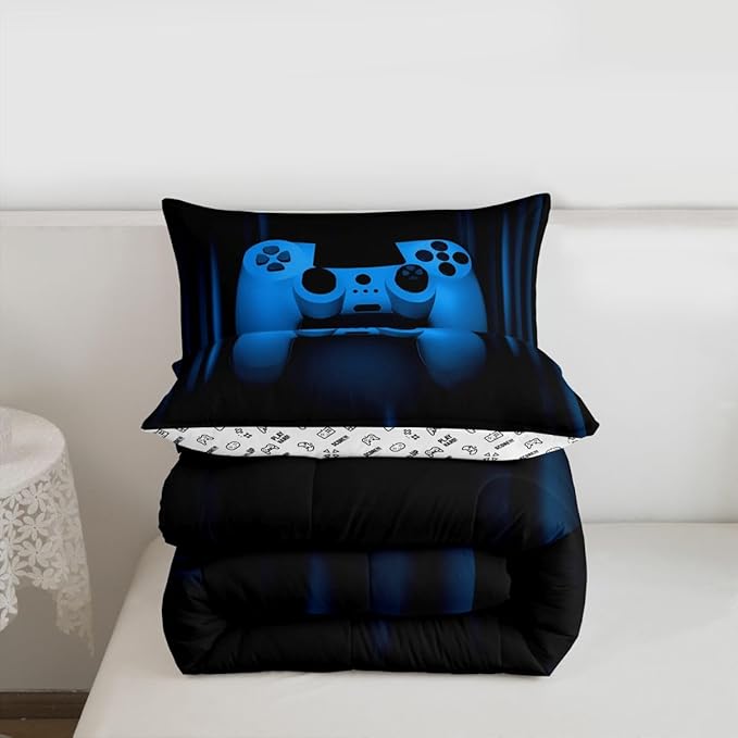 Feelyou Boys Gamer Comforter Set Twin Size Bedding Set for Kids Gaming Comforter Blue Black Video Games Gamepad Room Decor for Teens Child Super Soft Geometric Duvet Quilted Son Grandson Gift