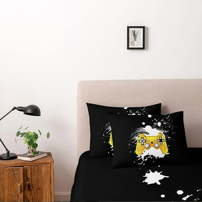 3D Print Yellow Gamepad Duvet Cover Set Gaming Comforter Covers and Pillowcases King Size Black Background Color Bed Set Gamer Beddings Boy Kid Bedroom Decorations