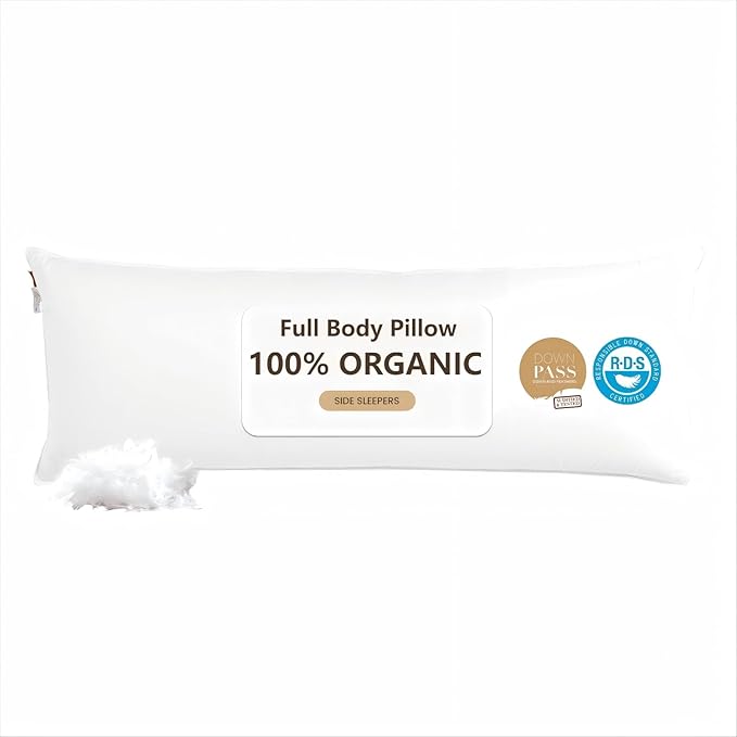 Goose Down Body Pillows for Adults, Large Body Pillow for Side Sleeper, Hugging Feather Body Pillow Insert, Cooling 20x54 Full Length Long Pillow for Bed with 100% Organic Cotton Shell, White 20"x54"