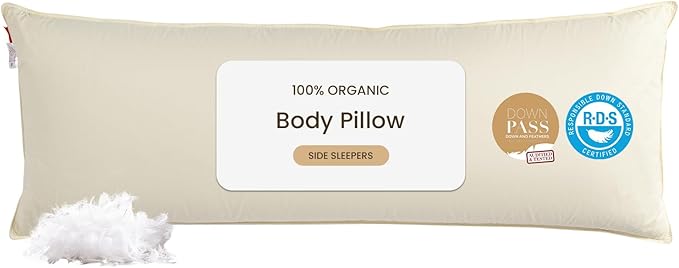 Goose Down Body Pillows for Adults, Large Body Pillow for Side Sleeper, Hugging Feather Body Pillow Insert, Cooling Full Length Long Pillow for Bed with 100% Organic Cotton Shell, Off-White 20" x 72"