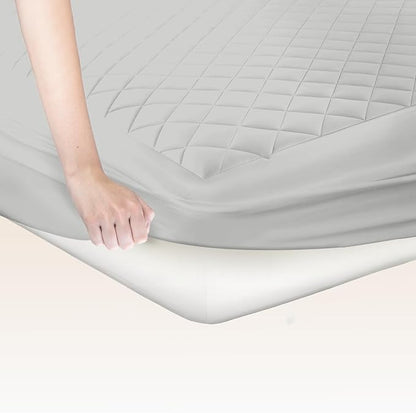 Premium Quilted Mattress Pad – 300GSM Thick with Deep Pocket Fitted Mattress Cover – 100% Cotton Organic Mattress Topper (Silver, King)