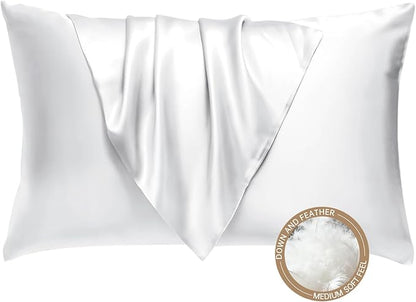 BHZ White Satin Goose Down Feather Pillows King Size with Pillowcase for Hair and Skin, Cooling Pillow Cases Similar to Silk Pillow Cases, Decorative for Women, Mom Men