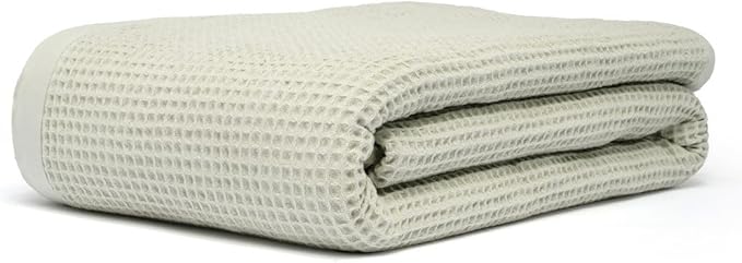 GOTS Certified Organic Cotton Waffle Weave Blanket, Twin Bed, 66"X90"Cozy Throw Blanket for Couch, Modern Home Decor, Throw Blankets, Comfy Waffle Blanket Soft Bed Blankets -Sea Foam