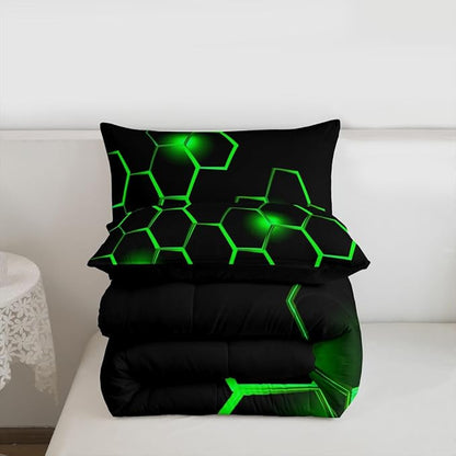 Feelyou Honeycomb Kids Comforter Set Modern Hexagon Bedding Set for Boys Children Teens Bedroom Decor Geometrical Comforter Beehive Geometric Black Green Duvet Set Queen Size with 3 Pillow Case