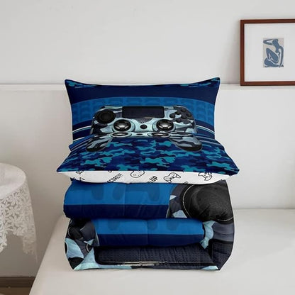 Feelyou Gamer Comforter Set Camouflage Gaming Video Game Bedding Set for Kids Boys Children Blue Camo Gamer Console Comforter Soft Gamepad Decor Quilt Set Toddler Size