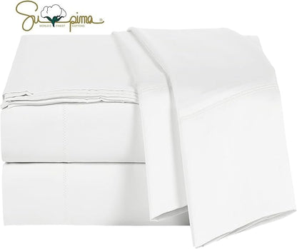 100% Supima Cotton Sheets 600 Thread Count,Bed Sheet Set King Size Sheets 4 Pieces,Soft & Silk Sateen Weave, Fits Mattress Up to 18",Deep Pocket, Breathable & Fade Resistant(White,King)