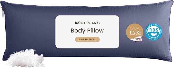 Goose Down Body Pillows for Adults, Large Body Pillow for Side Sleeper, Hugging Feather Body Pillow Insert, Cooling Full Length Long Pillow for Bed with 100% Organic Cotton Shell, Navy Blue 20"x72"