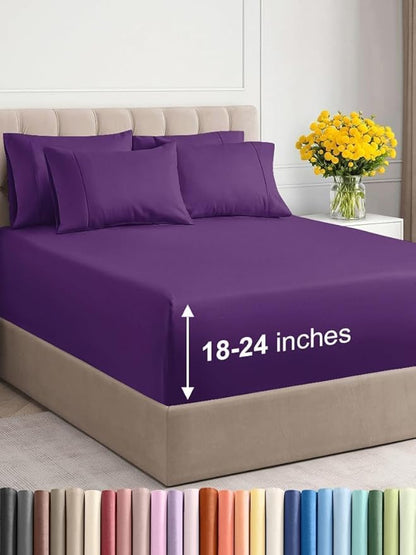Extra Deep Full Sheet Set - 6 Piece Breathable and Cooling Sheets - Hotel Luxury Bed Sheets Set - Easy & Secure Fit - Soft, Wrinkle Free and Comfy Sheets Set - Purple Sheet Set with Extra Deep Pockets