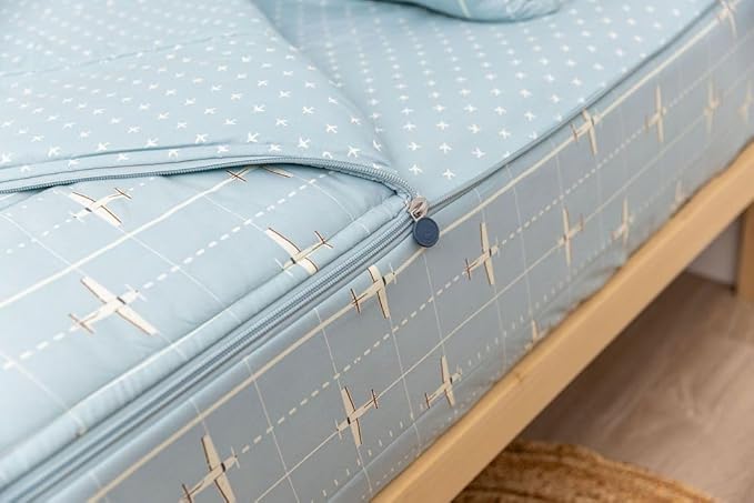 Beddy's Airplane Theme Durable Zipper Bedding for Kids, Bed in a Bag, Light Blue Sheets & Comforter with Plane Design, Includes Pillowcase & Pillow Sham Easy to Make & Wash