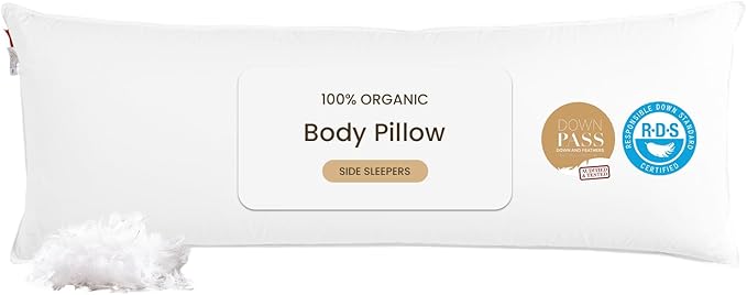 Goose Down Body Pillows for Adults, Large Body Pillow for Side Sleeper, Hugging Feather Body Pillow Insert, Cooling Full Length Long Pillow for Bed with 100% Organic Cotton Shell, White 20"x60"