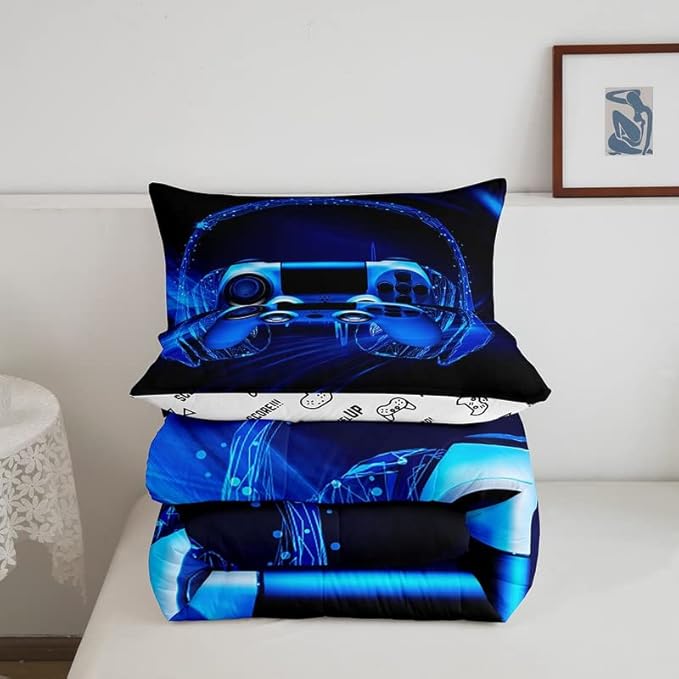 Feelyou Gamer Bedding Set Kids Video Game Gamepad Comforter Set for Boys Teens Gaming Headset Comforter Breathable Blue Game Controller Duvet Set Room Decor Quilt Set Full Size