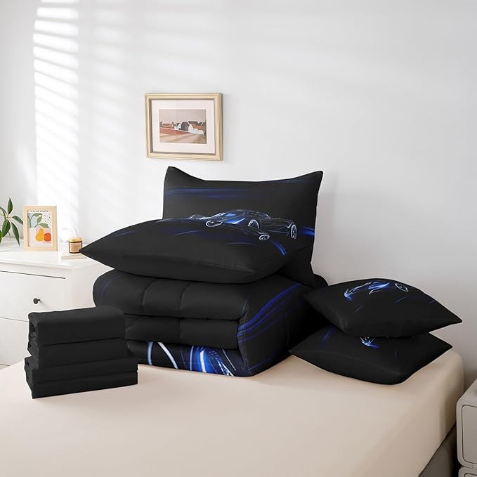 Feelyou Blue Race Car 7 Piece Bedding Set Full Size for Kids Boys Extreme Sport Games Comforter Set with Sheets Teens Toddler Fast and Furious Bed in a Bag Cool Modern Bed Set