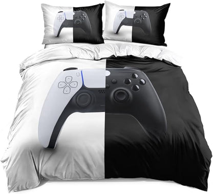 Twin Size Gaming Bedding Set - Duvet Cover & Comforter Cover with Pillowcases, Gamepad Close-Up on Split White/Black Background for Gamer Kids' Room